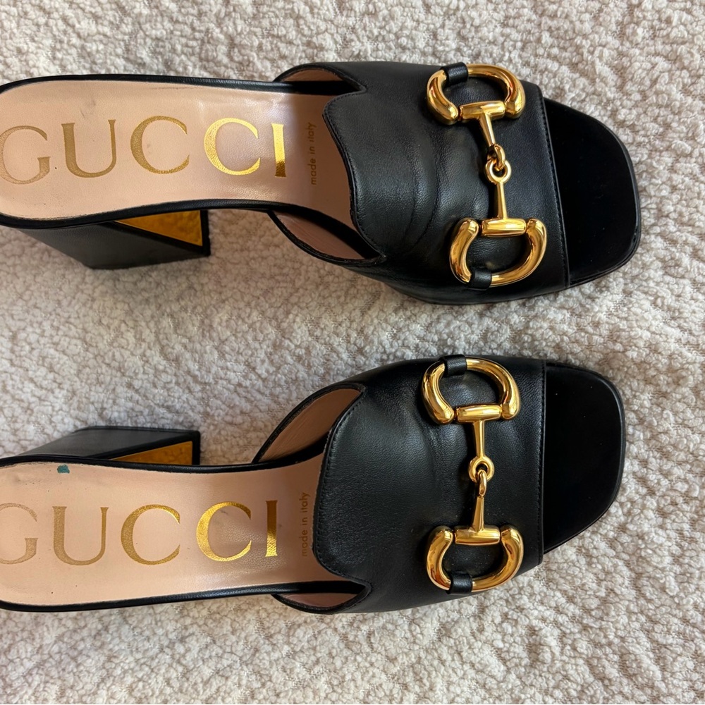 Gucci Black Leather Horsebit Block Heel Mules - Size 37 - Picture 7 of 10